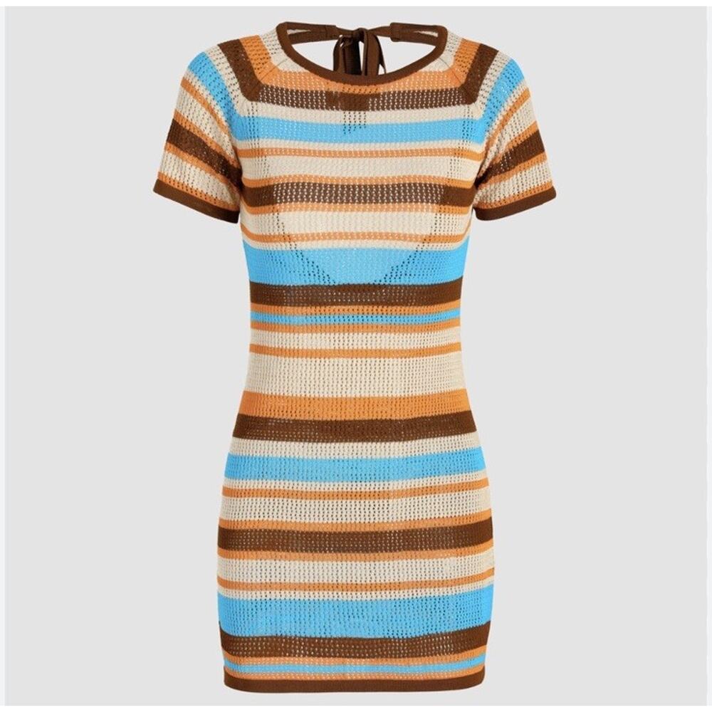 Cider NWT Stripe Mini Dress Swim Cover Up Sz S Bodycon Sheer Retro Backless